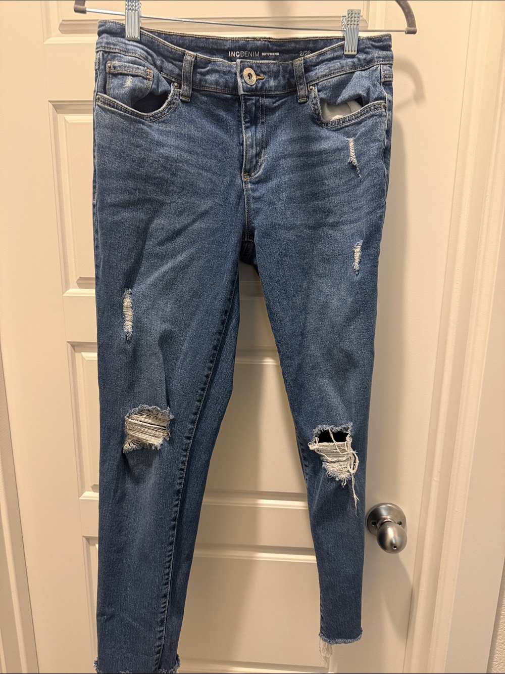 INC International Concepts Washed Blue Distressed Boyfriend Jeans Raw Ankle Hem